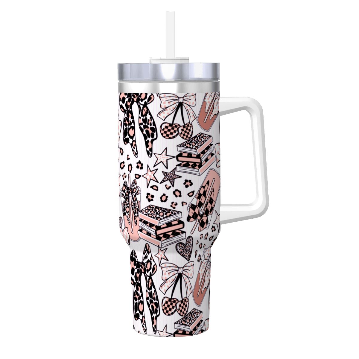 Travel Coffee Mug with Handle and Straw (40oz) BowsBooksCoffeeCheetah