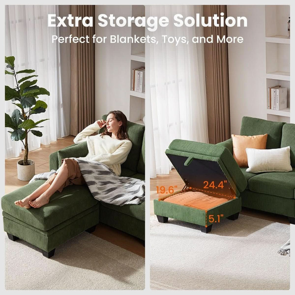 Corduroy Modular L Shaped Couch with Storage Ottoman