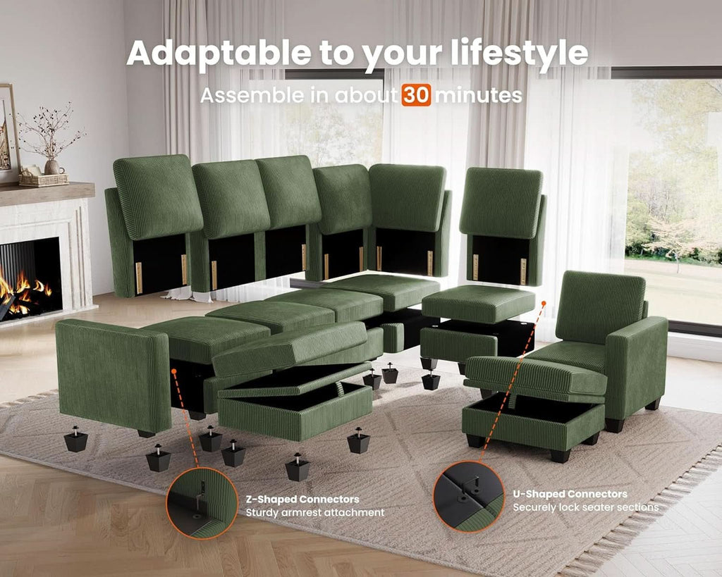 Corduroy Modular L Shaped Couch with Storage Ottoman