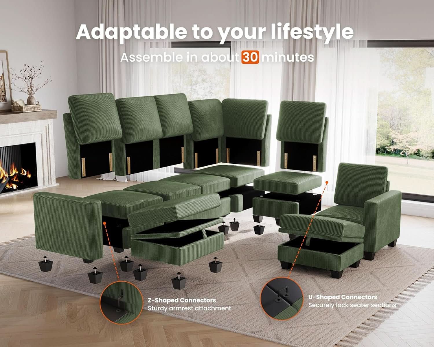 Corduroy Modular L Shaped Couch with Storage Ottoman