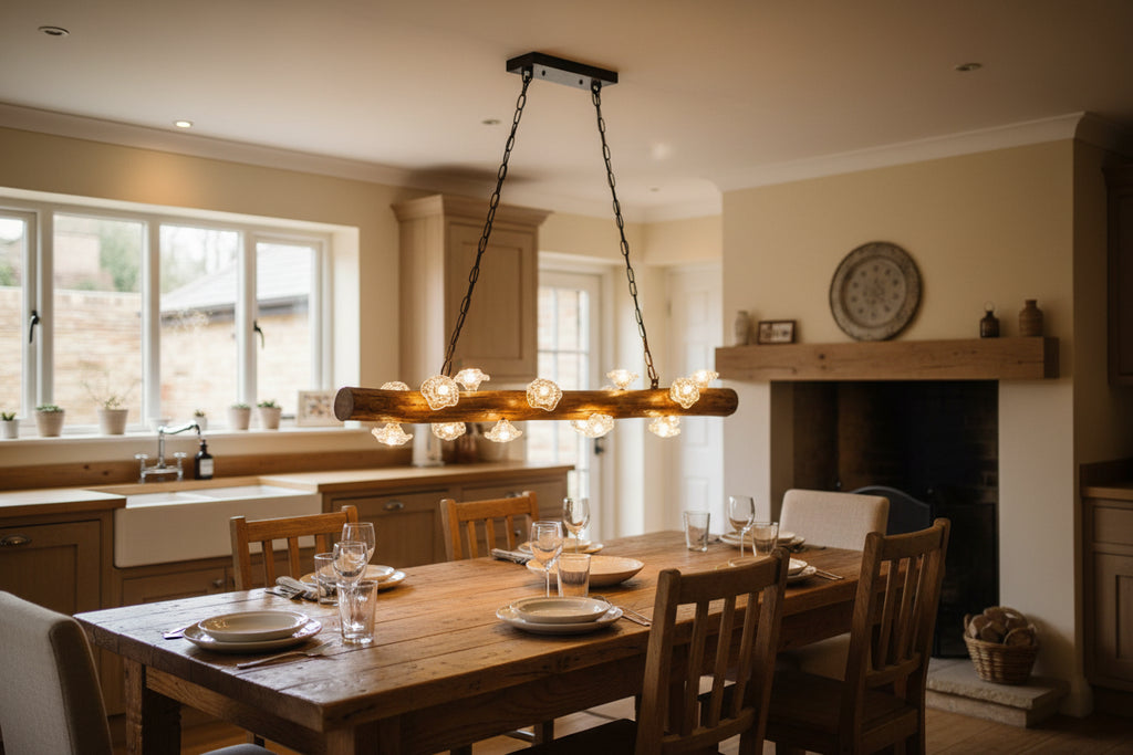 Wooden pendant light with multiple bulbs on a white background, branded 'Luna Light Studios'.