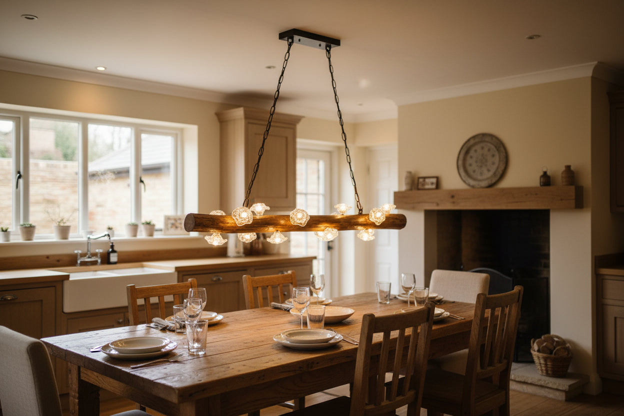 Wooden pendant light with multiple bulbs on a white background, branded 'Luna Light Studios'.