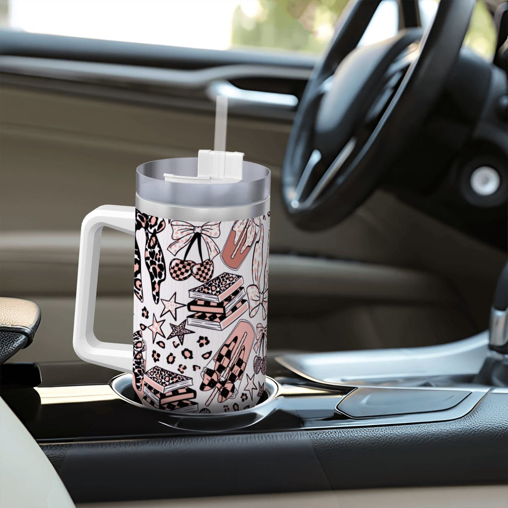 Travel Coffee Mug with Handle and Straw (40oz) BowsBooksCoffeeCheetah