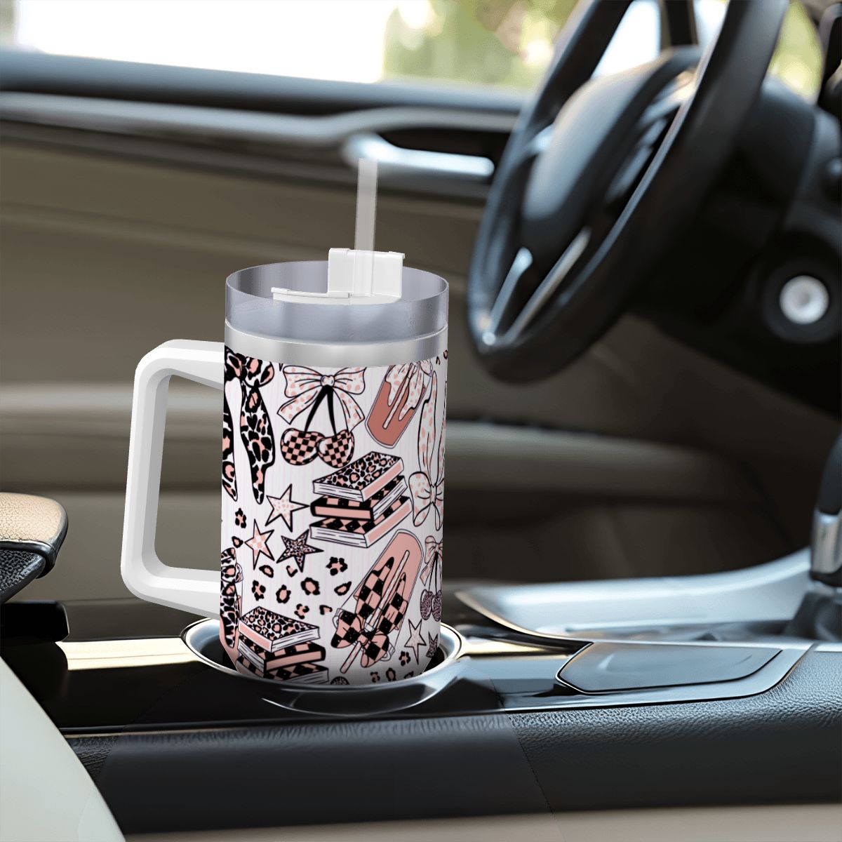 Travel Coffee Mug with Handle and Straw (40oz) BowsBooksCoffeeCheetah