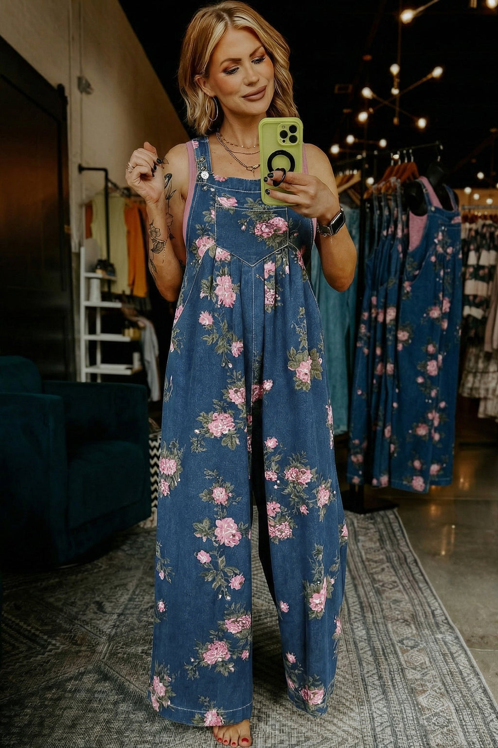 Beau Blue Floral Print Pleated High Waist Wide Leg Denim Jumpsuit