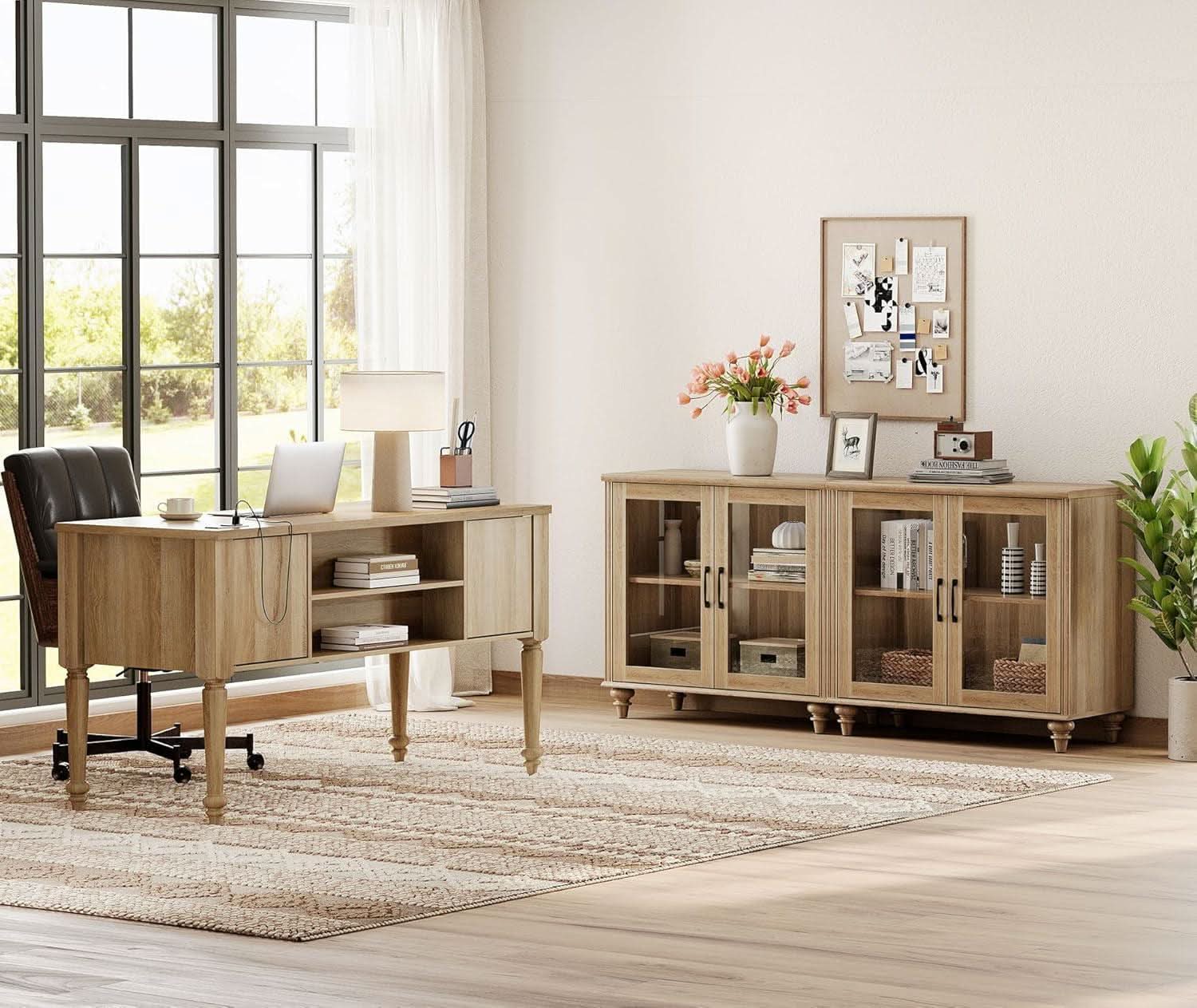 Distressed Oak Farmhouse Executive Desk Glass Cabinet