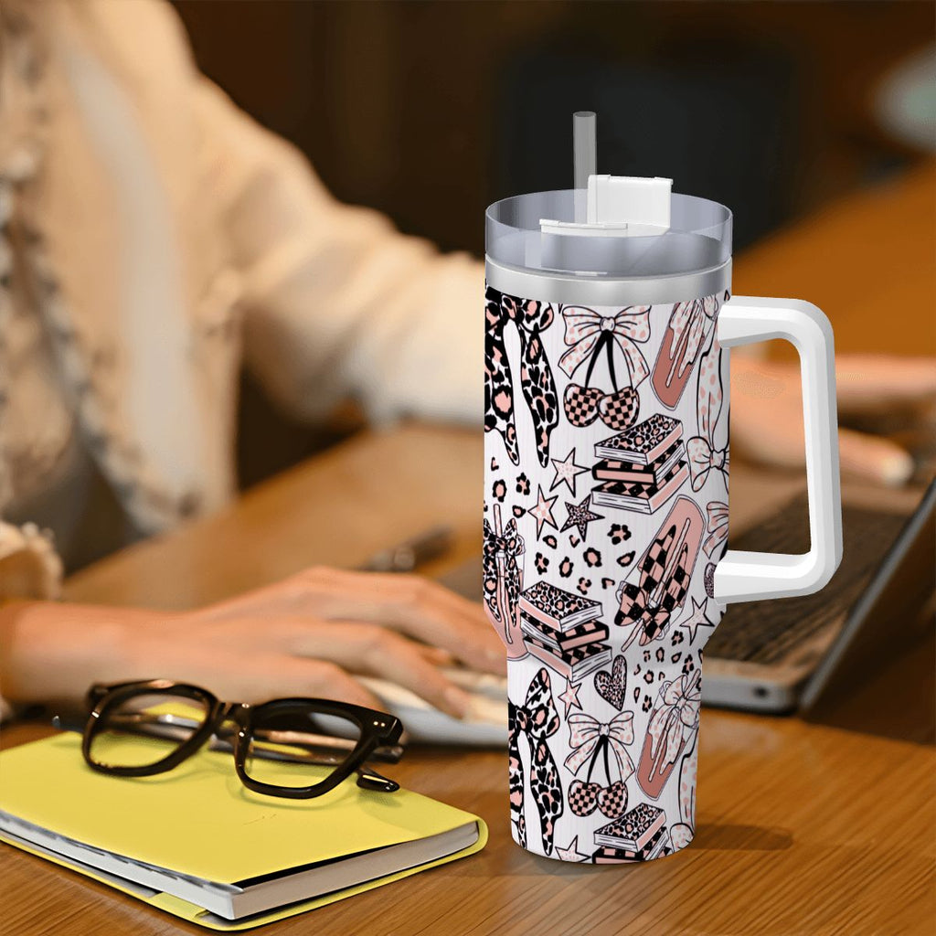Travel Coffee Mug with Handle and Straw (40oz) BowsBooksCoffeeCheetah