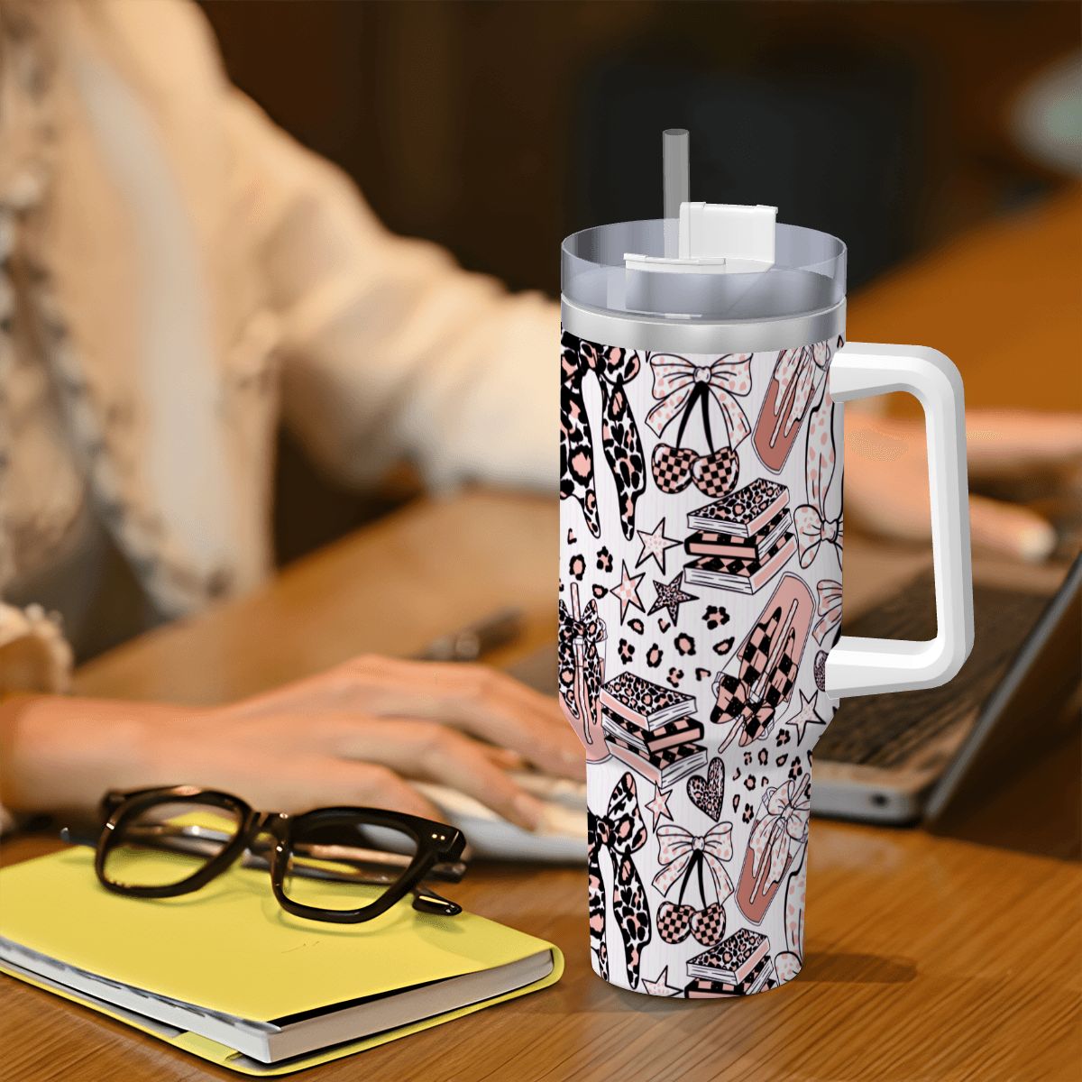 Travel Coffee Mug with Handle and Straw (40oz) BowsBooksCoffeeCheetah