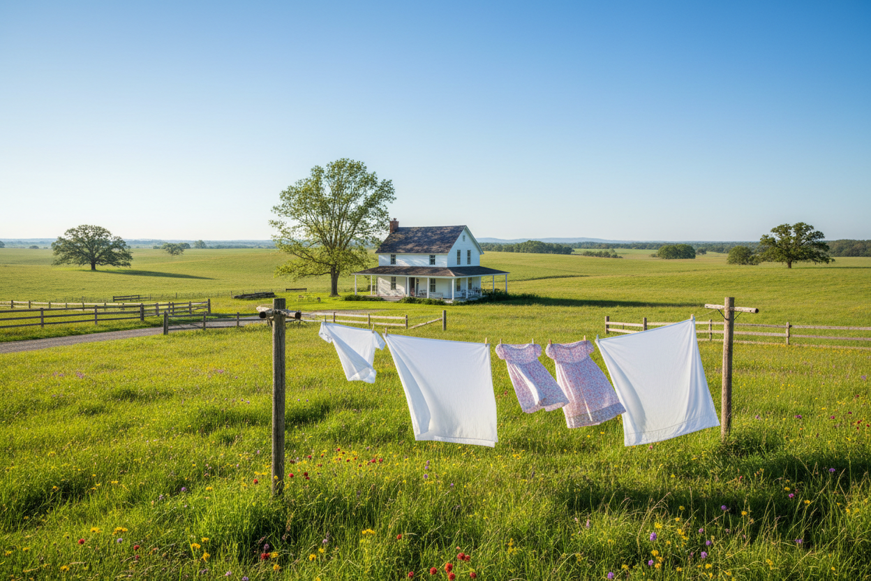 White Farmhouse with Expansive Fields